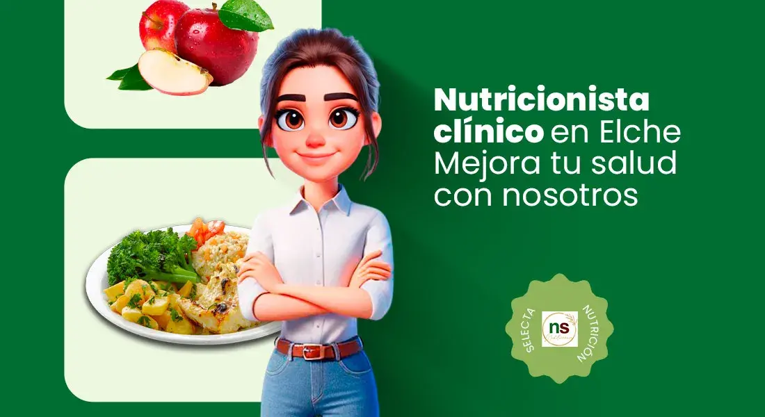 Nutricionista clínica en Elche junto a platos saludables y frutas, con el mensaje Mejora tu salud con nosotros